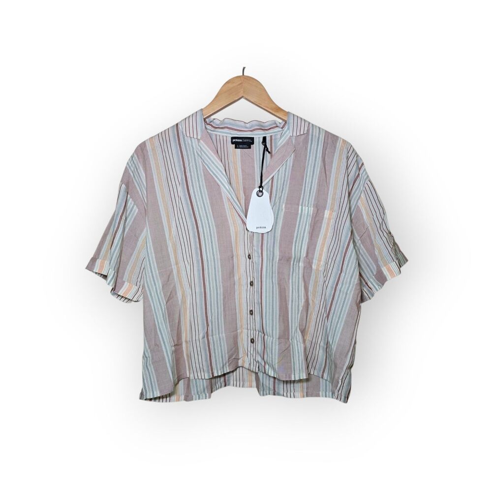 prAna Womens Large Clay Stripe Iguala Top NWT Short Sleeve Button Shirt Preppy